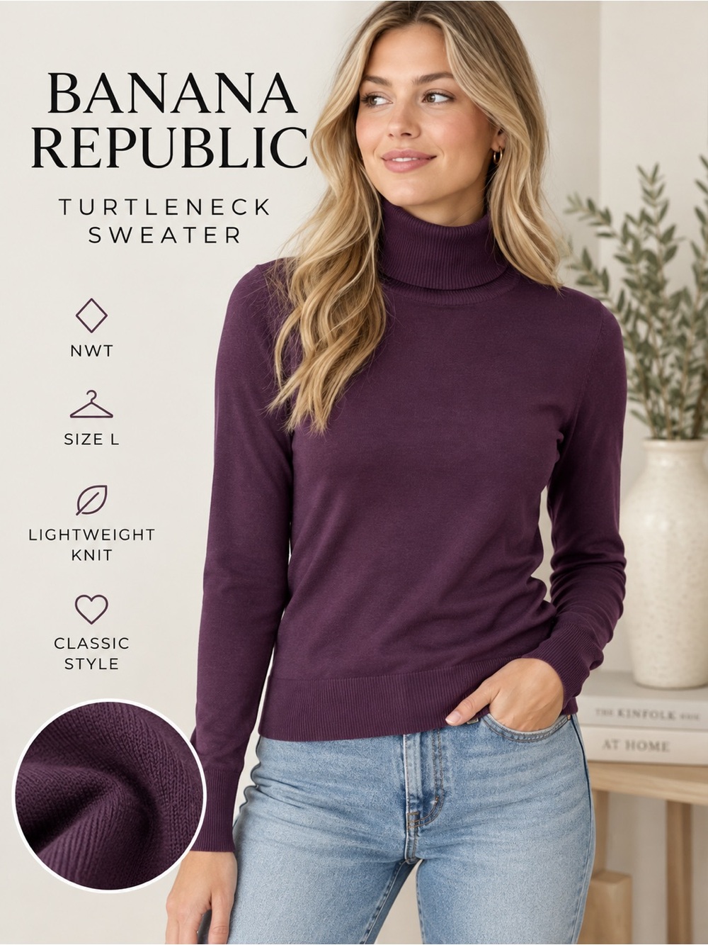 Banana Republic Women’s Purple Turtleneck Sweater Size Large NWT Silk Blend